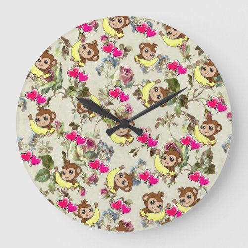 Childrens Clock Monkey Bananas Pink Hearts Large Clock
