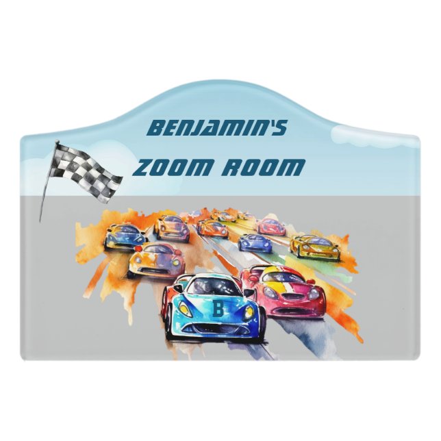 Children's Door Sign Racing Car Checkered Flag (Small Crest Front)
