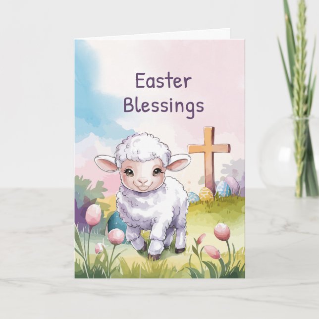 Children's Easter Blessings Christian Lamb Cross Card (Front)