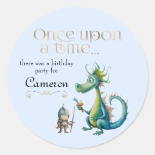 Children's Fairy Tale Dragon and Knight Blue Classic Round Sticker