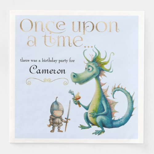 Childrens Fairy Tale Dragon and Knight Blue Paper Dinner Napkins