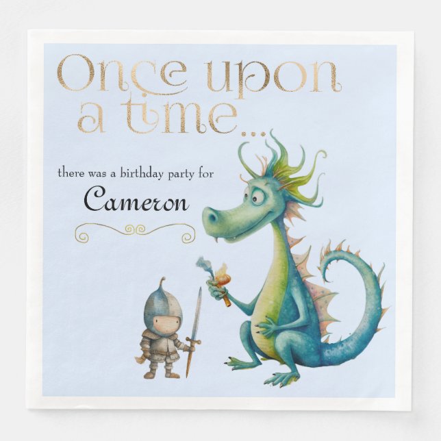 Children's Fairy Tale Dragon and Knight Blue Paper Dinner Napkins (Front)