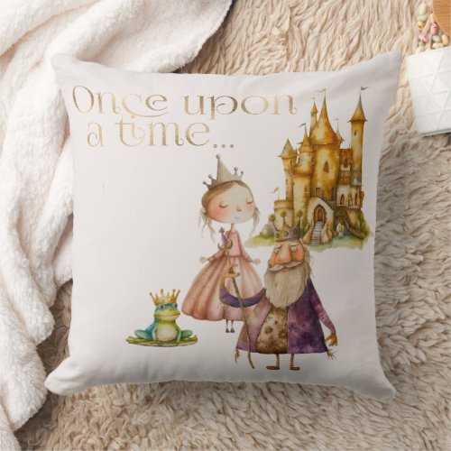 Childrens Fairy Tale Princess and Frog Pink Throw Pillow