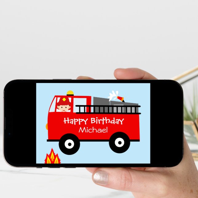 Children's Fire Truck Personaloized Birthday Card (Front Digital)