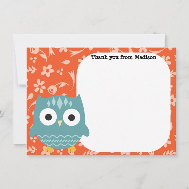 Children's Flat Panel Thank You Cards Blue Owl (Front)