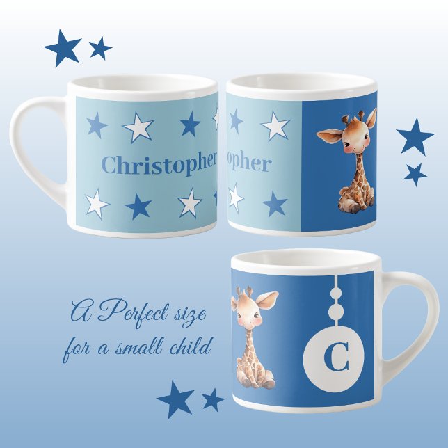 Children's giraffe mug personalized name blue (Creator Uploaded)