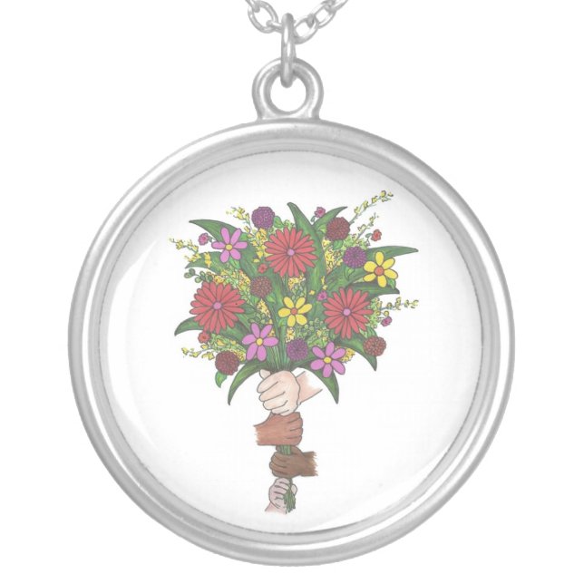 Children's Hands Flower Bouquet Teacher Mom Gift Silver Plated Necklace (Front)