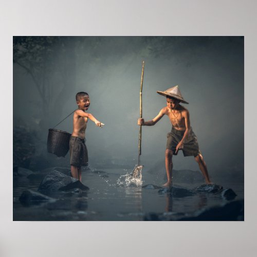 Childrens happiness in traditional asian fishing poster