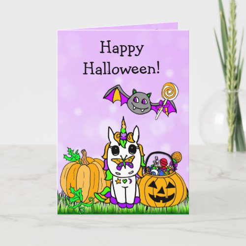 Childrens Happy Halloween Purple Unicorn Cartoon Card