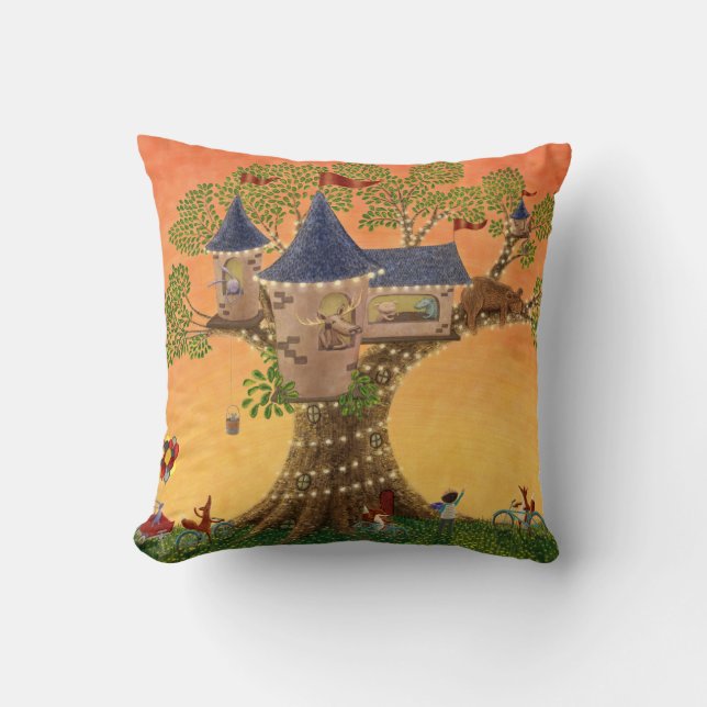 Children's Illustration Sunset Treehouse Pillow (Front)