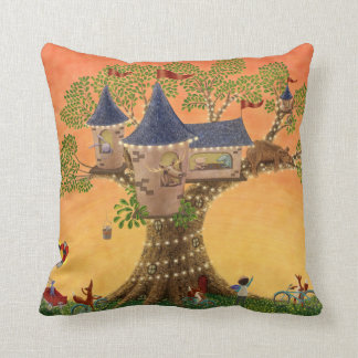 Children's Illustration Sunset Treehouse Pillow