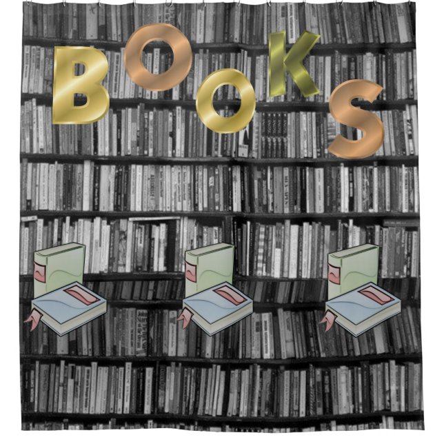 children's library book shower curtain black white (Front)