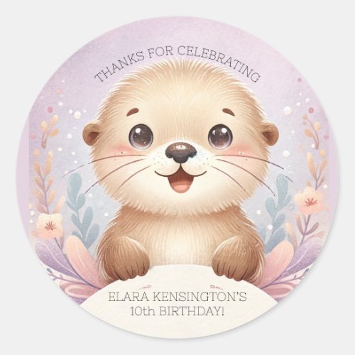 Childrens Lilac Sea Otter Cute Birthday Party Classic Round Sticker