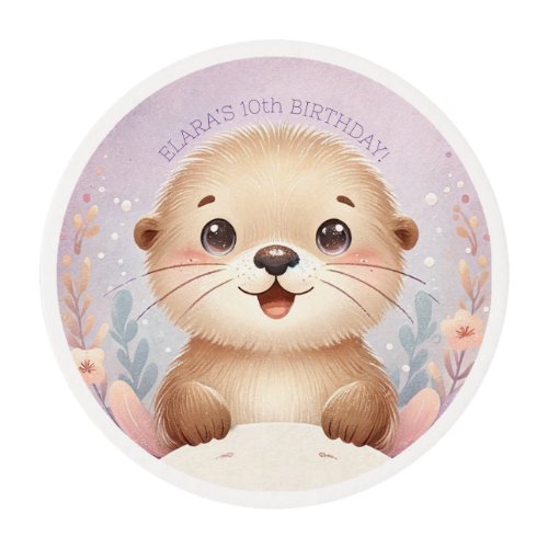 Childrens Lilac Sea Otter Cute Birthday Party Edible Frosting Rounds