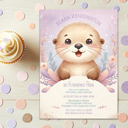  Childrens Lilac Sea Otter Cute Birthday Party  Invitation