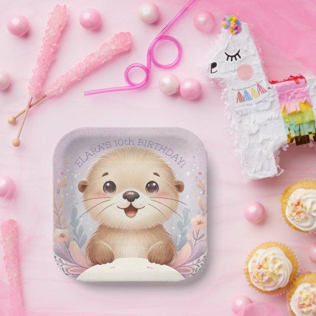 Children's Lilac Sea Otter Cute Birthday Party Paper Plates (Party)
