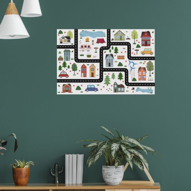Children's map game with road, cars and houses poster (Living Room 1)