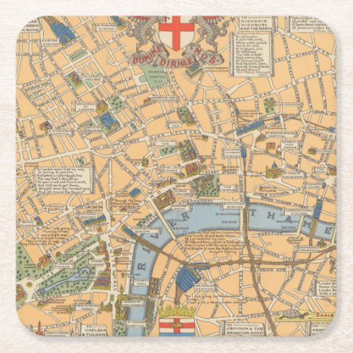 Childrens Map of London England Square Paper Coaster