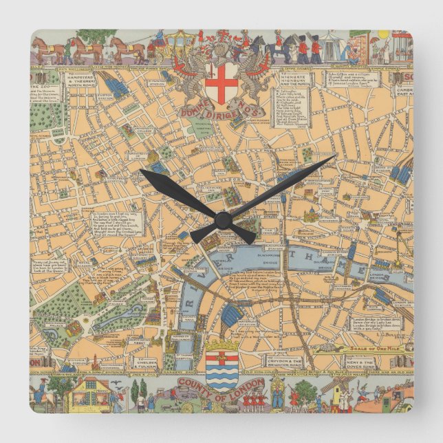 Children's Map of London, England Square Wall Clock (Front)