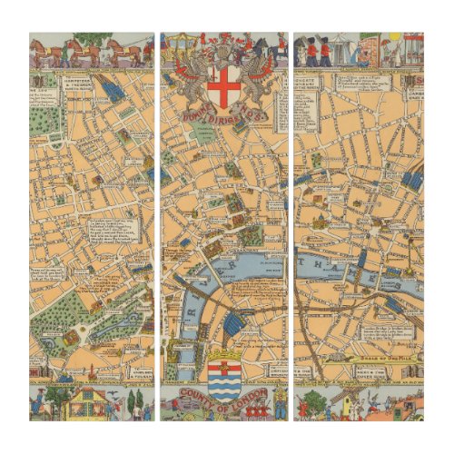 Childrens Map of London England Triptych