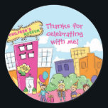 Children's Museum Birthday Party Science Kids Classic Round Sticker<br><div class="desc">Capture the wonder and excitement of a day at the Children's Museum with our Children's Museum Round Sticker. A group of happy kids stands outside, clutching colorful balloons and gifts, setting the stage for a fun-filled adventure. This sticker is the perfect addition to your kids museum party invitations and decorations,...</div>