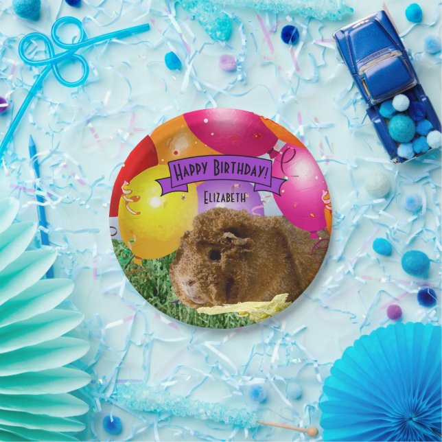 Children's Name Birthday Guinea Pig Party Balloons Paper Plates (Party)