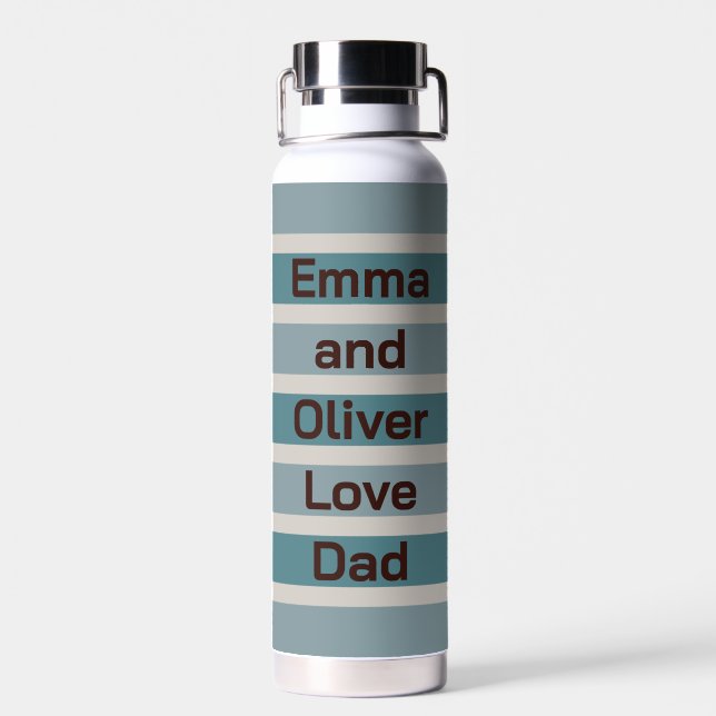 Children's Names Love Dad Blue Stripes Water Bottle (Back)