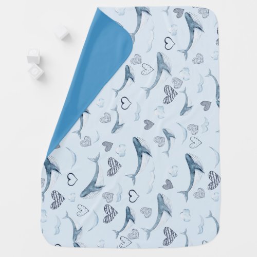 Childrens Pattern With Cute Whales CloudsHearts Baby Blanket