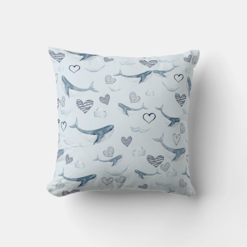 Childrens Pattern With Cute Whales CloudsHearts Throw Pillow