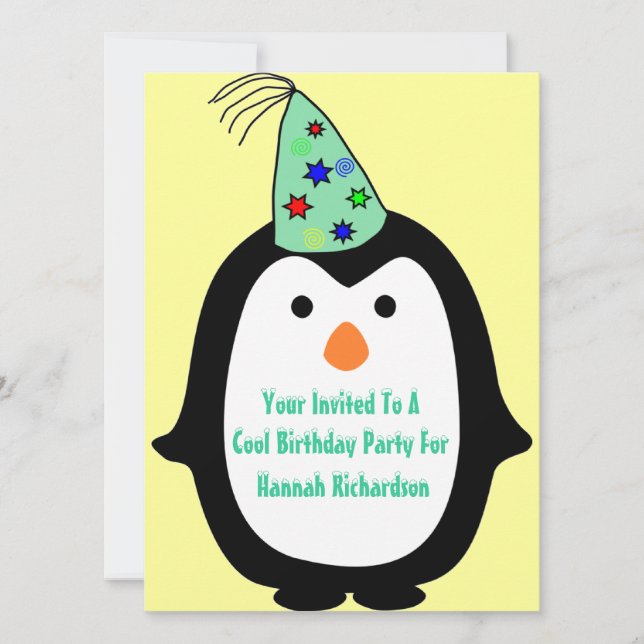 Childrens Penguin In Party Hat Birthday Party Invitation (Front)
