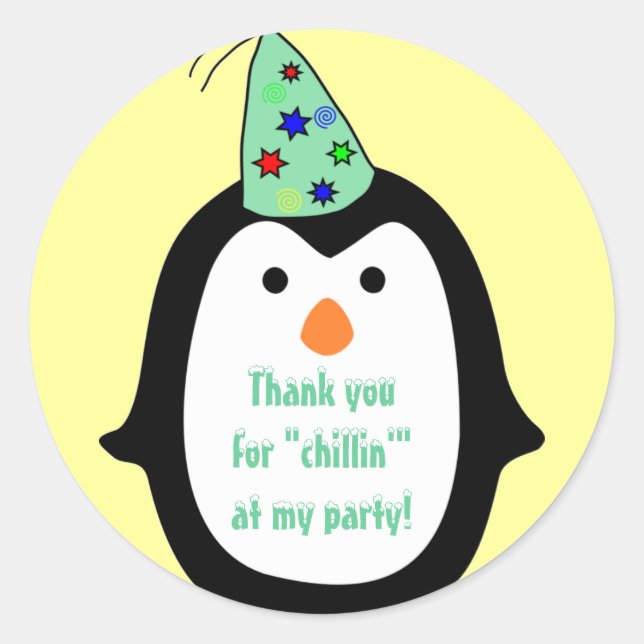 Childrens Penguin Wearing Party Hat Birthday Favor Classic Round Sticker (Front)