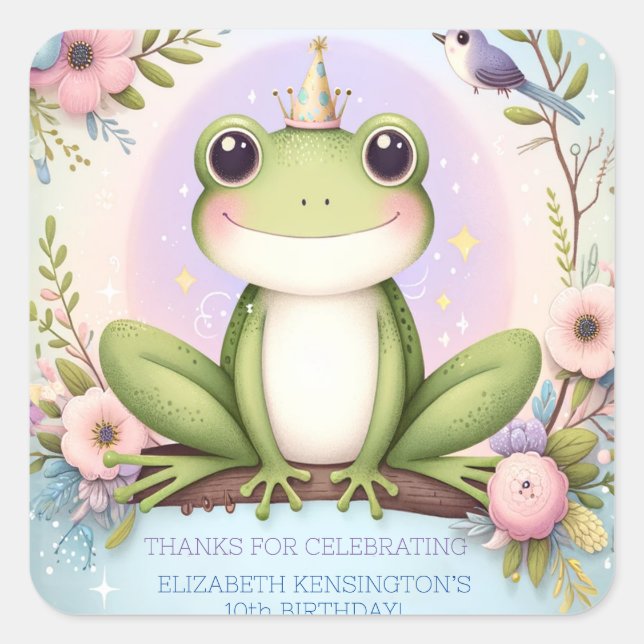 Children's Princess Frog Cute Birthday Party Square Sticker (Front)