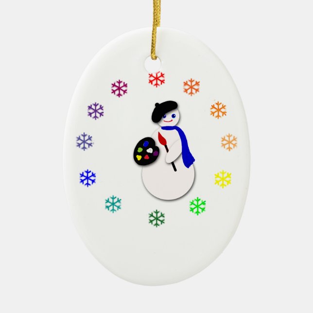 Childrens Snowman Artist w Snowflake Colorwheel Ceramic Ornament (Front)