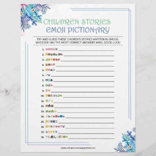 Childrens Story Emoji Pictionary Blue Floral Letterhead