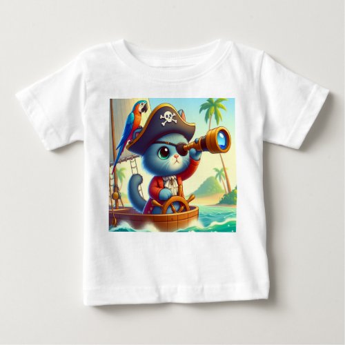 Childrens t_shirt with a kitten pirate and a bird