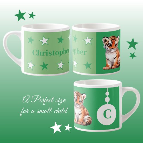 Childrens tiger mug personalized name green