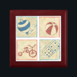 Children's Toys by Chariklia Zarris Jewelry Box<br><div class="desc">A domino,  tricycle,  top and beach ball are the subjects in these four woodblock drawings by Chariklia Zarris. A group of fun objects to help decorate your child’s room or liven up your home. Order your print today!</div>