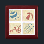 Children's Toys by Chariklia Zarris Jewelry Box<br><div class="desc">A domino,  tricycle,  top and beach ball are the subjects in these four woodblock drawings by Chariklia Zarris. A group of fun objects to help decorate your child’s room or liven up your home. Order your print today!</div>