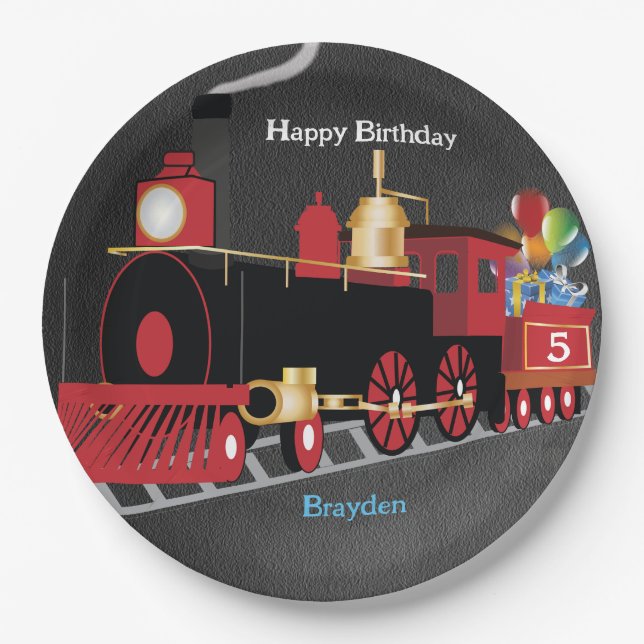 Children's Train Chalkboard Birthday Party Paper Plates (Front)