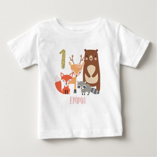 Childrens Woodland Personalized 1st Birthday Baby T_Shirt