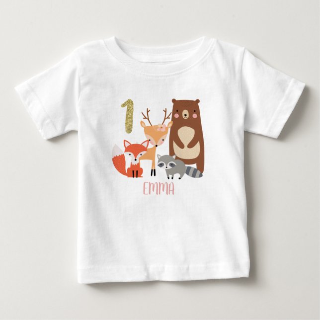 Children's Woodland Personalized 1st Birthday Baby T-Shirt (Front)