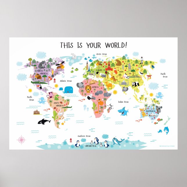 Children's World Map Poster for Girls (Front)