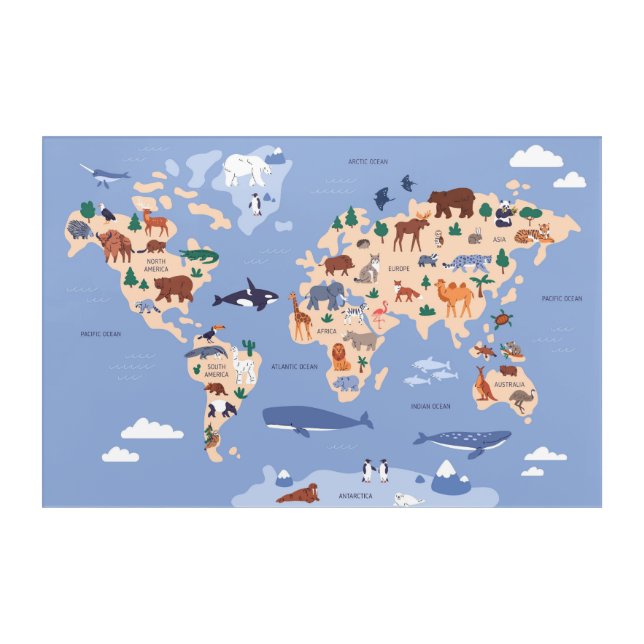children's world map with animals acrylic print (Front)