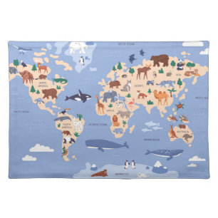children's world map with animals cloth placemat