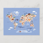 children&#39;s world map with animals invitation postcard