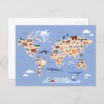 children&#39;s world map with animals postcard