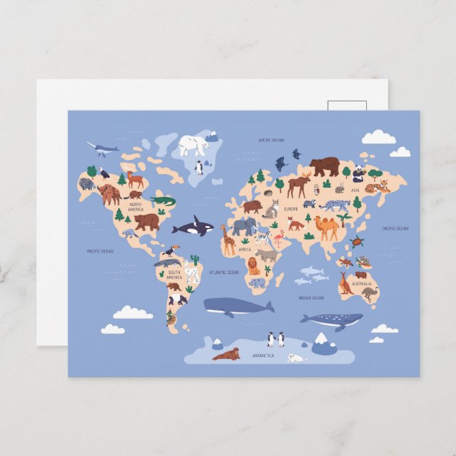 children's world map with animals postcard (Front/Back)