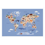 children&#39;s world map with animals poster
