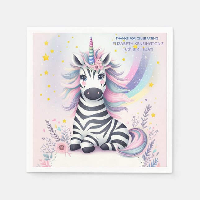 Children's Zebra Unicorn Rainbow Birthday Party Napkins (Front)