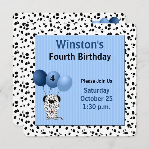 Childs 4th Birthday Dalmatian Theme in Blue Invitation